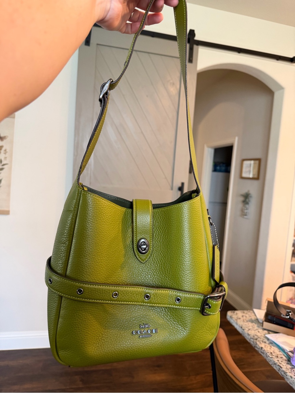 Coach Hadley Green Pebbled Leather Shoulder Hobo with cross body strap